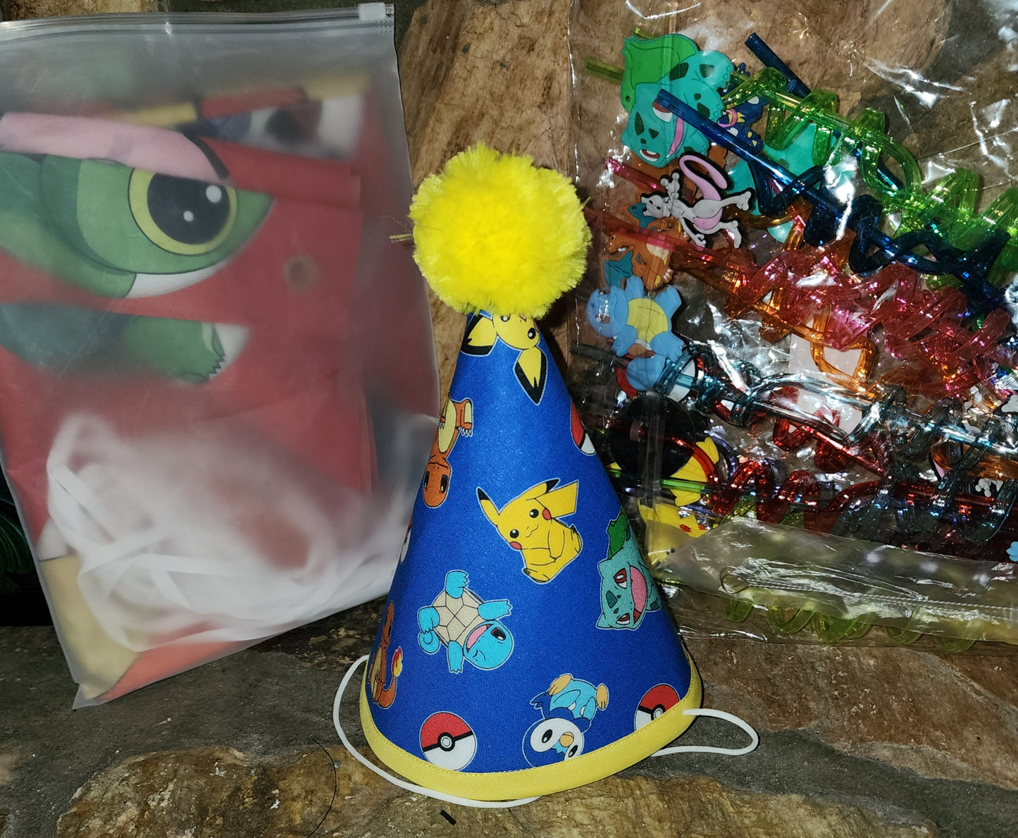 Pokemon Party Hat, Birthday Banner, Party Favors, Stamps, Stickers, Straws and more