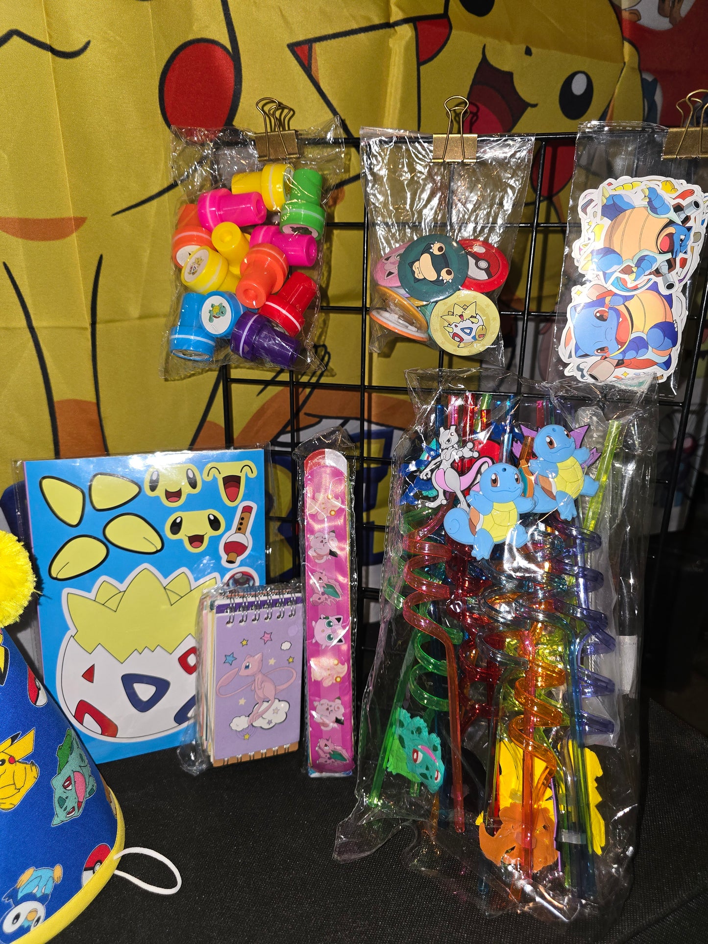 Pokemon Party Hat, Birthday Banner, Party Favors, Stamps, Stickers, Straws and more