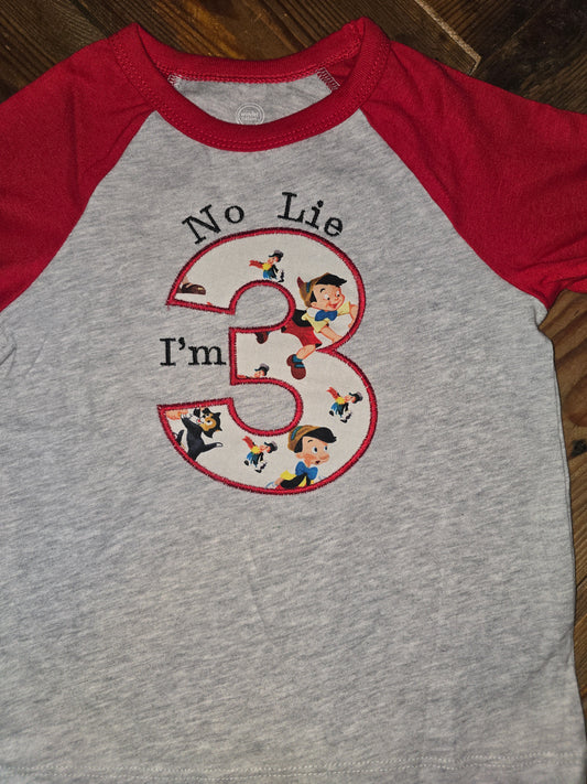 Pinocchio Size 3t No Lie I'm 3 Birthday Shirt
